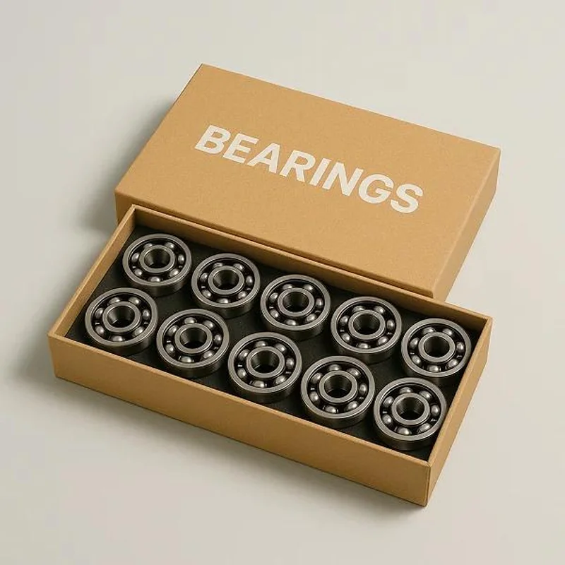 Bearings arranged in a labeled cardboard presentation box