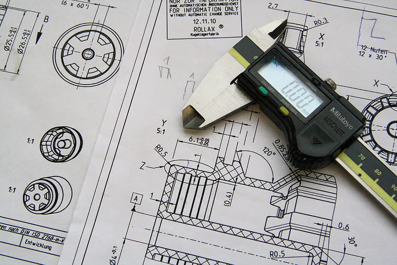 Digital caliper on a dimensioned mechanical engineering drawing