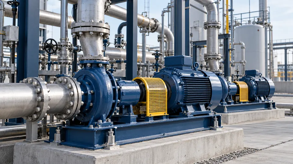 Bearing Applications by Industry Industrial pump installation with flanged piping and guarded motor drives